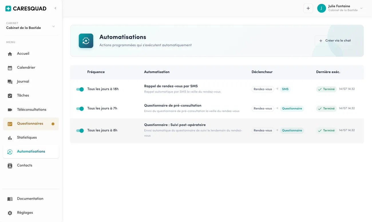 Page Automatisations de Caresquad : règles programmées (questionnaire de pré-consultation, suivi post-opératoire, rappel de rendez-vous par SMS) avec fréquence, déclencheur rendez-vous et statut