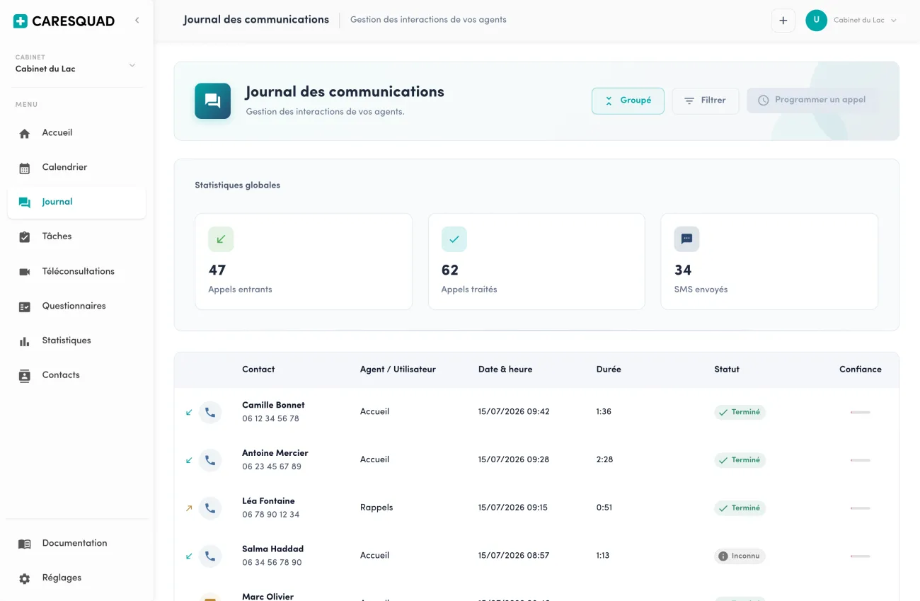 Journal des communications Caresquad : historique des appels traités par l'assistant téléphonique IA avec statut, durée et agent, et statistiques globales