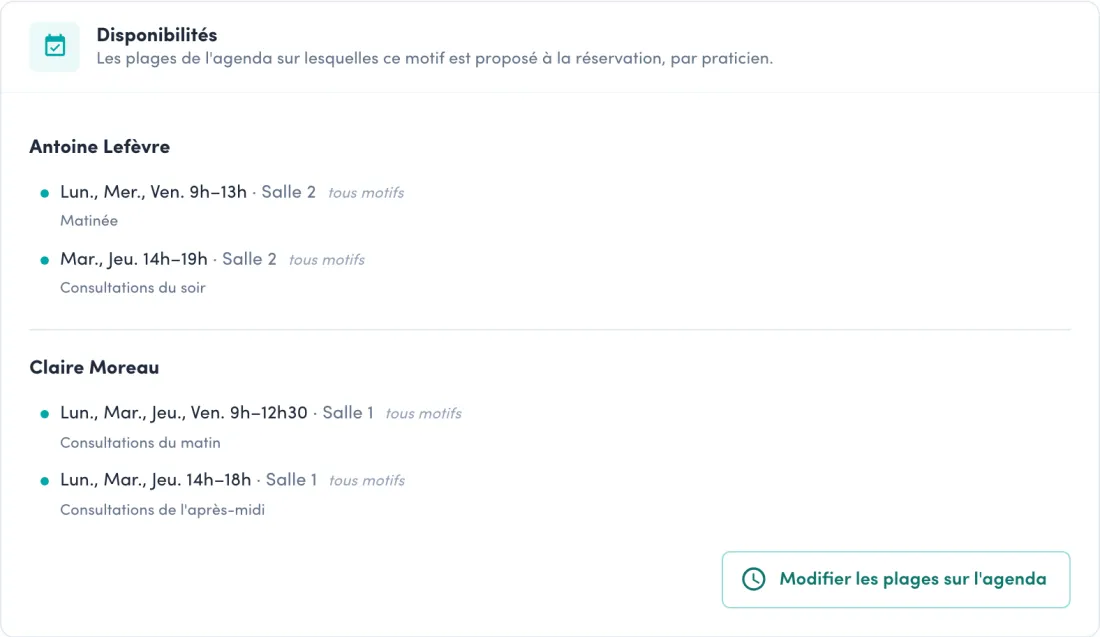 Bloc « Disponibilités » d'un motif dans Caresquad : pour chaque praticien, les plages récurrentes qui proposent ce motif, avec les jours, les horaires, la salle affectée et un libellé comme « Consultations du matin »