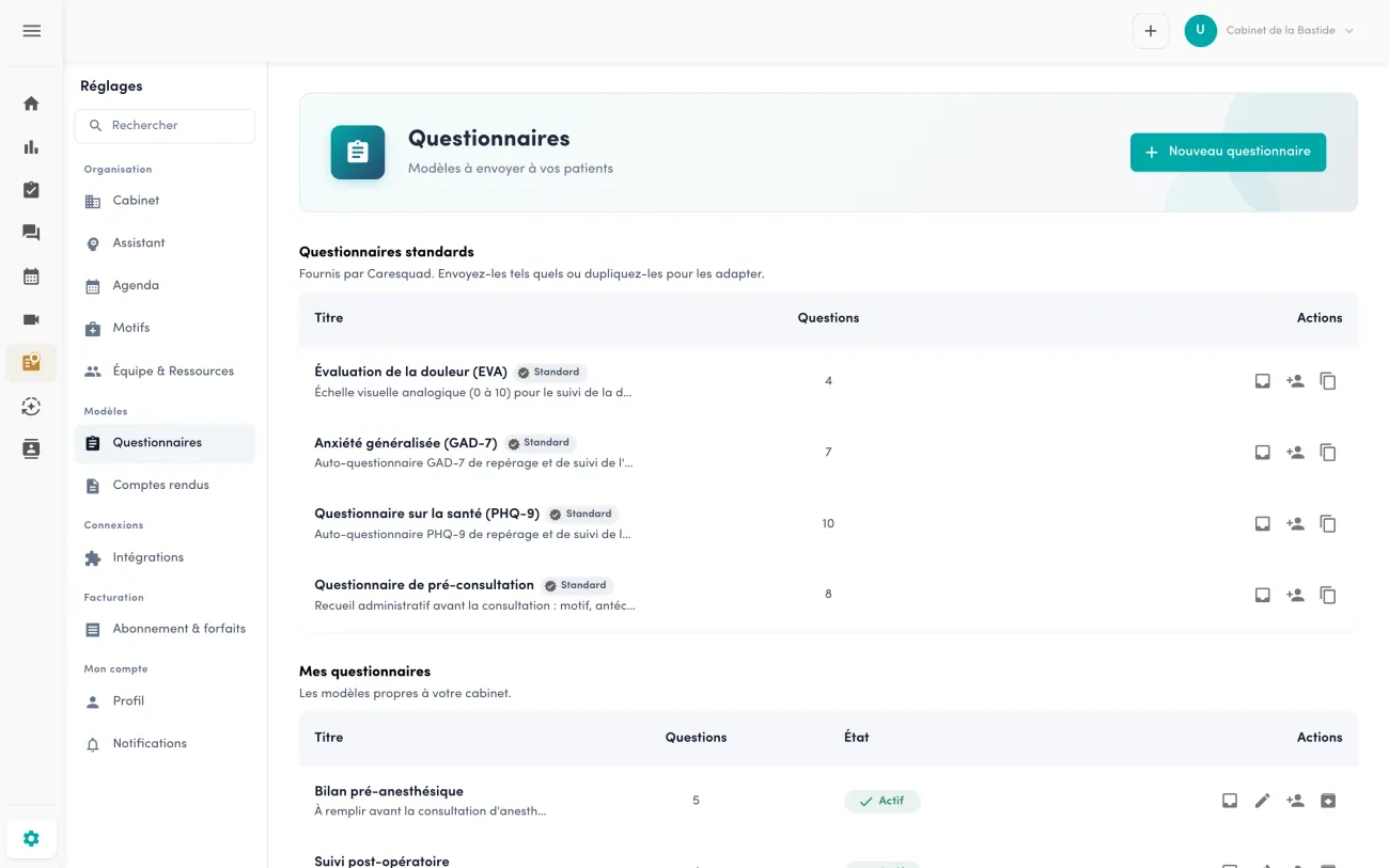 Catalogue de modèles de questionnaires dans Caresquad : échelle de douleur, GAD-7, PHQ-9, questionnaire de pré-consultation