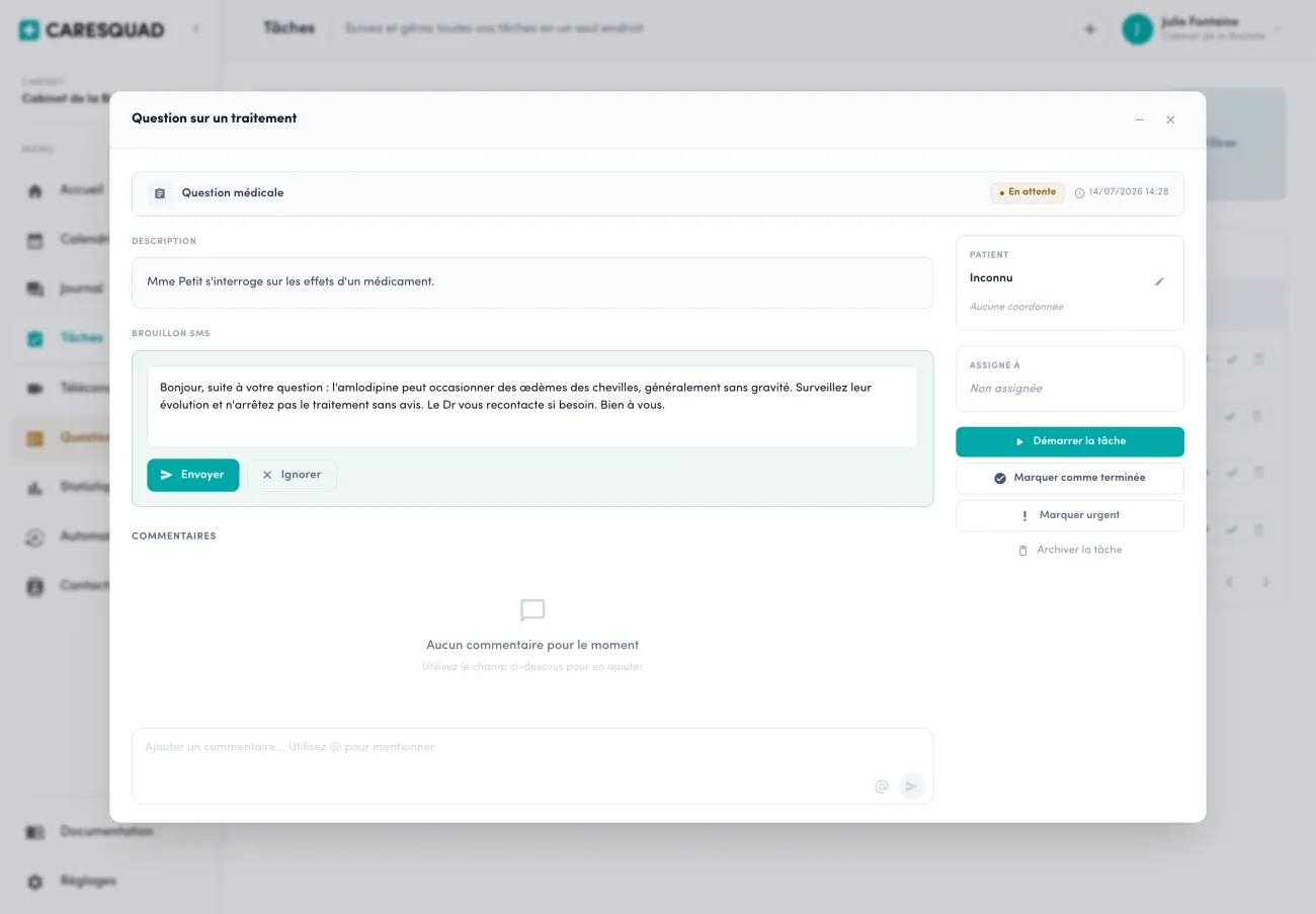 Détail d'une tâche dans Caresquad : description de la demande, brouillon de réponse SMS proposé par l'IA à valider, patient, assignation et actions