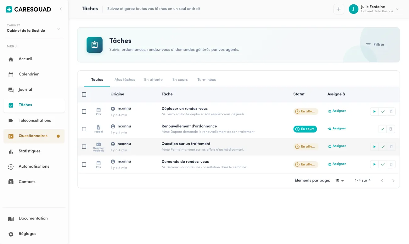 Page Tâches de Caresquad : demandes de rendez-vous, renouvellement d'ordonnance et questions générées par les appels, avec origine, statut et assignation