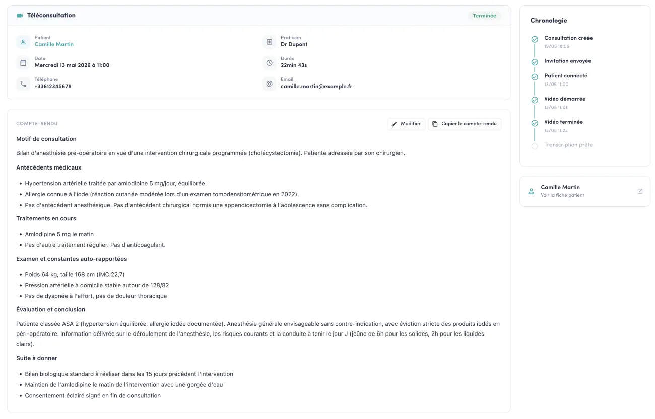 Compte rendu de téléconsultation généré par l'IA : motif, antécédents, traitements, évaluation et suite à donner