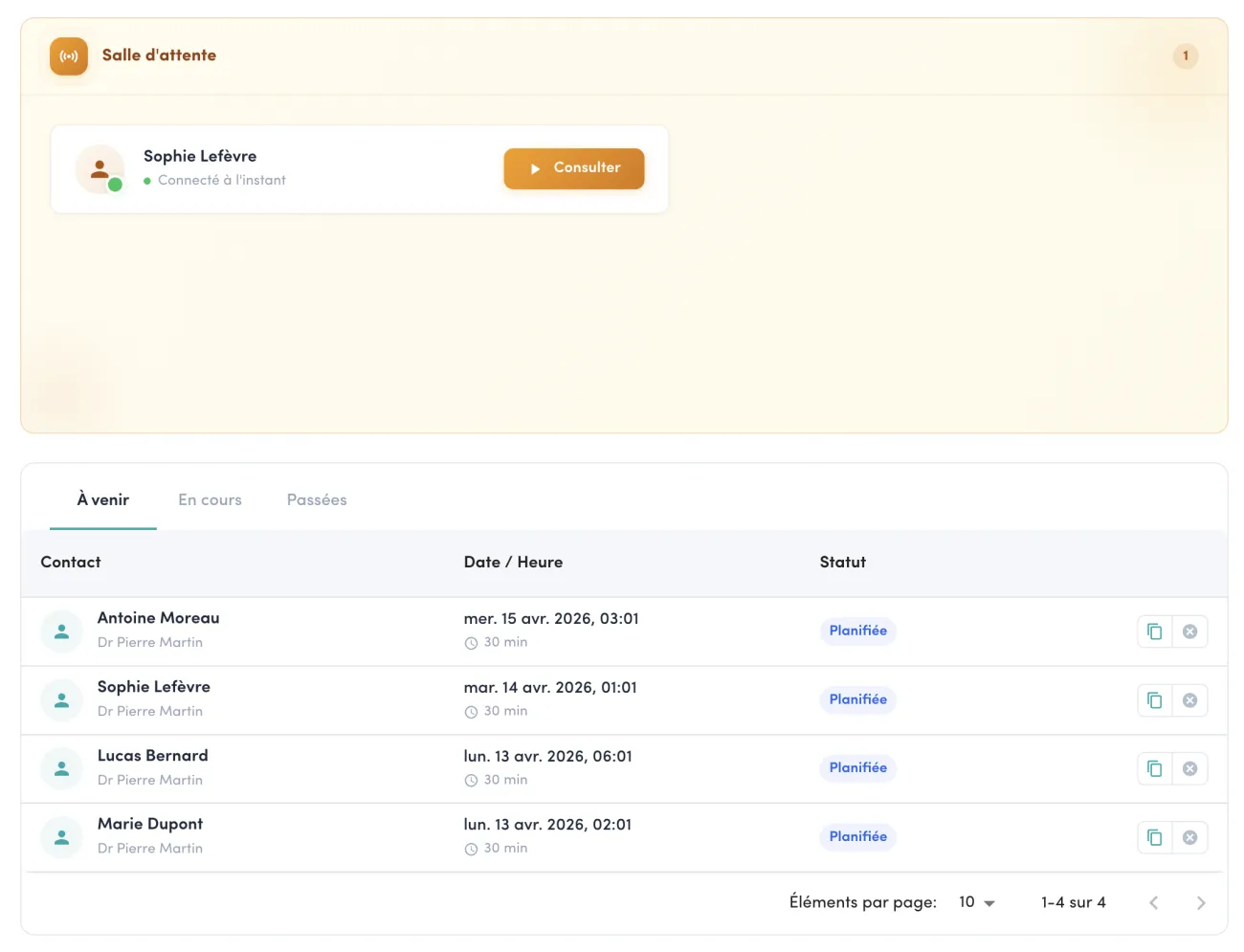 Interface Téléconsultations de Caresquad : liste des téléconsultations à venir, salle d'attente avec un patient connecté