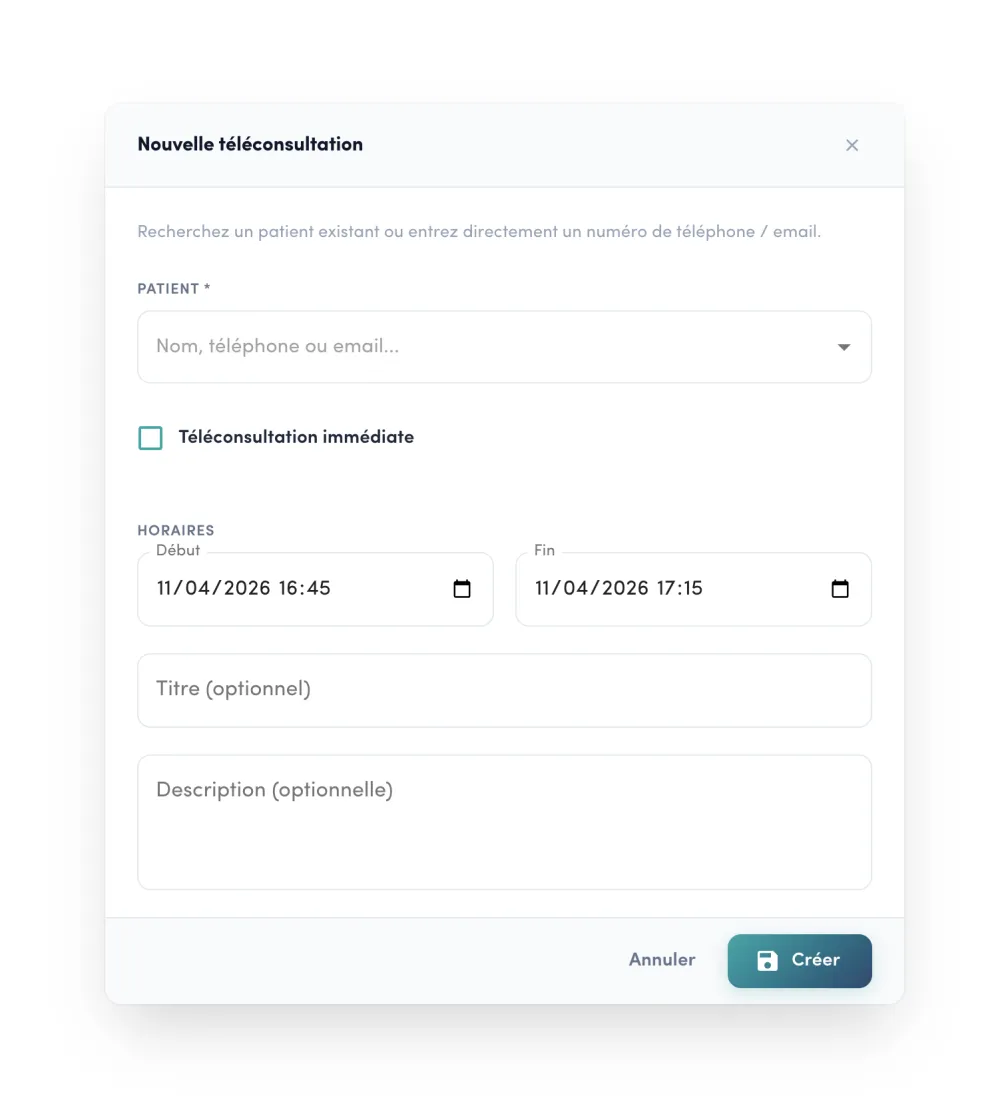 Fenêtre Nouvelle téléconsultation dans Caresquad : recherche du patient par nom, téléphone ou email et option téléconsultation immédiate