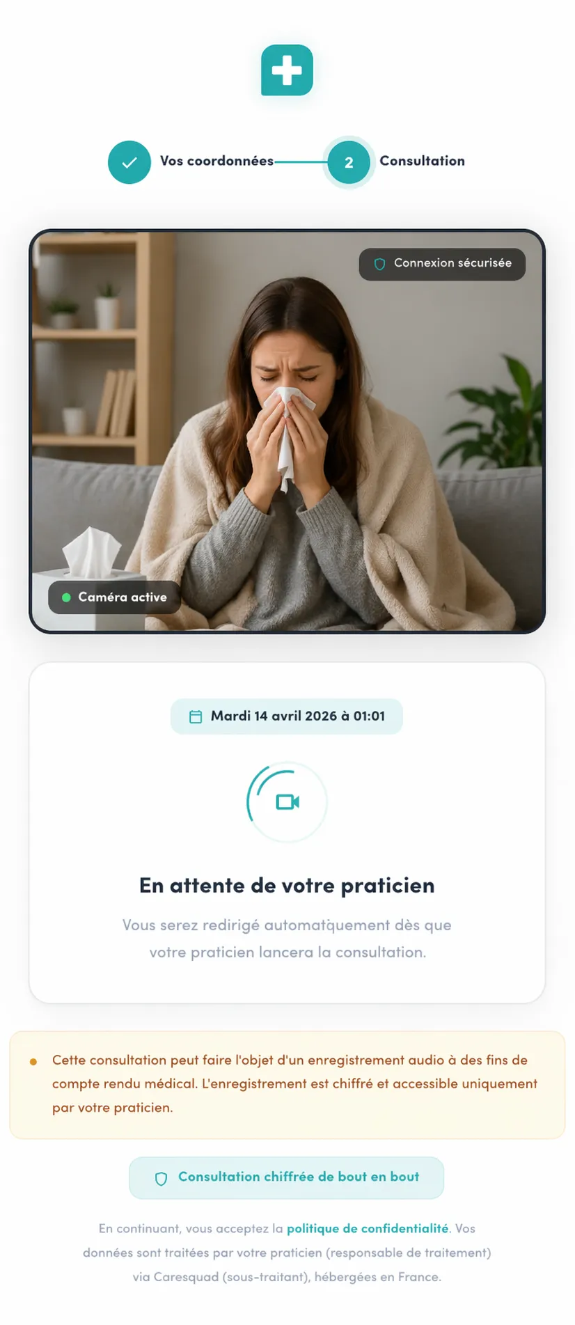 Salle d'attente patient de Caresquad : caméra active, connexion sécurisée, en attente du praticien