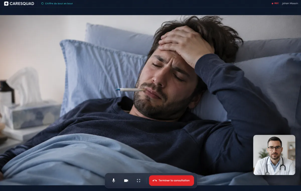 Téléconsultation vidéo dans Caresquad : le praticien en consultation avec son patient, prise de notes et compte-rendu générés automatiquement